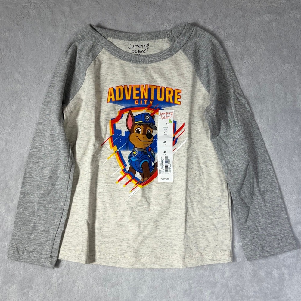 NEW Paw Patrol Jumping Beans Boy 4T Chase Adventure City Raglan Tee Grey Oatmeal